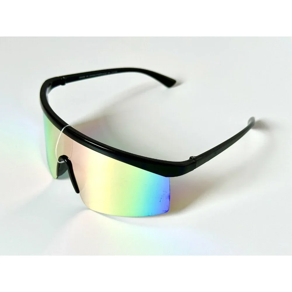 Hang Ten 6021W Shield Sunglasses Black Frame Yellow Mirror Lens Sport Unisex New